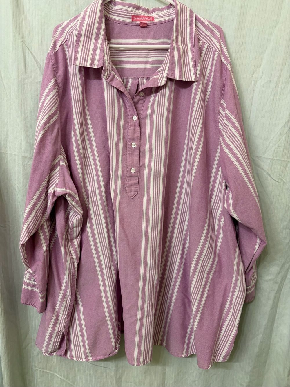 Woman Within Pink and White Striped Button-Down Shirt
